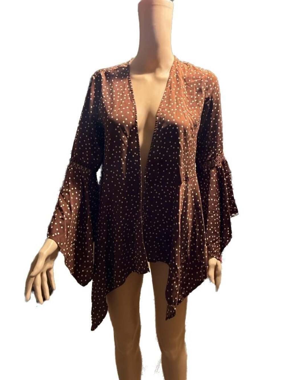 Blu Pepper Brown Polka Dot Handkerchief Hem Open Cardigan with Crochet Flare Sle